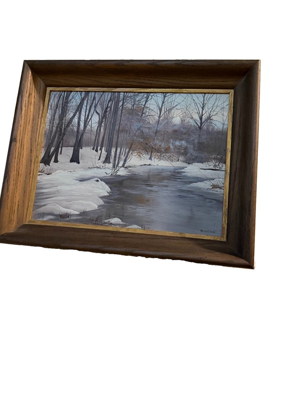 Robert Hamblen Signed Winter Landscape Painting Original Rustic Wood Masonite